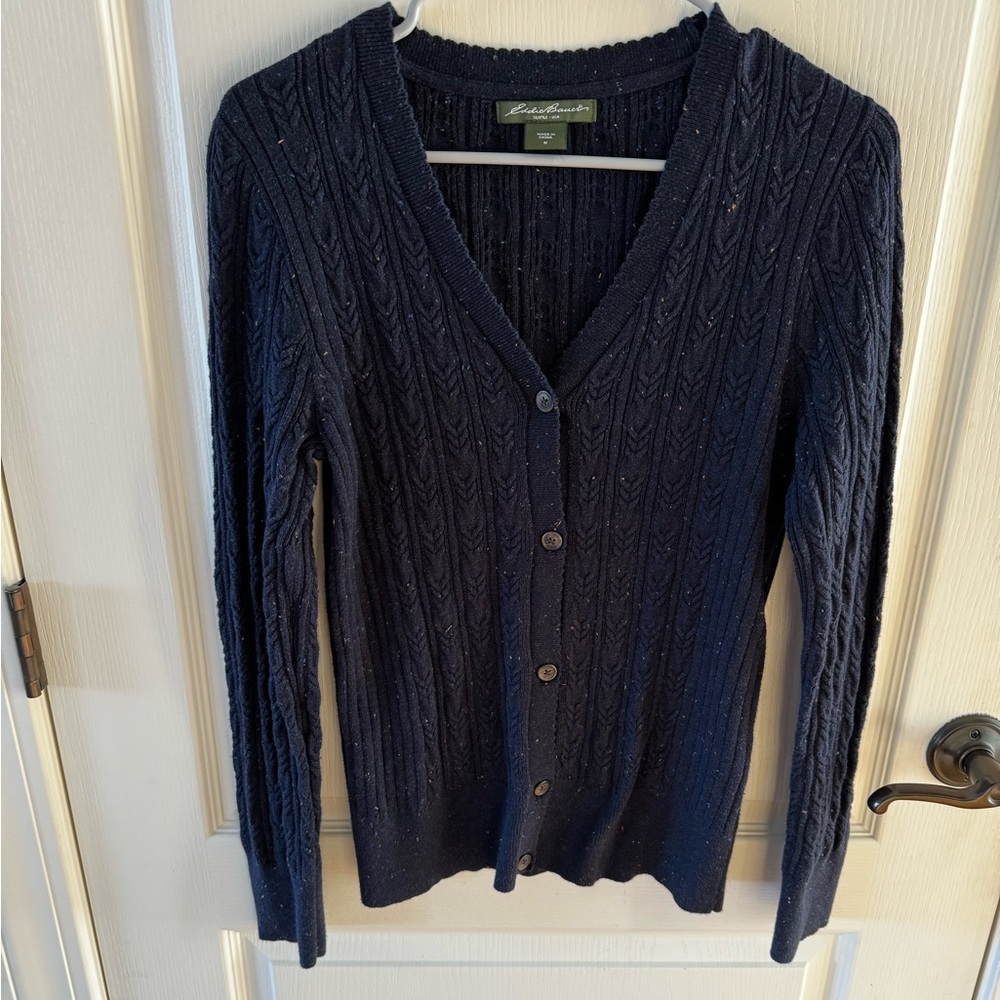 Eddie Bauer Cable Knit Cardigan Sweater Women's Large Blue Speckled Button Down